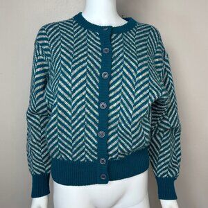 Vintage 1990s Teal Chevron Cardigan Sweater, Loo & Boo Size Large